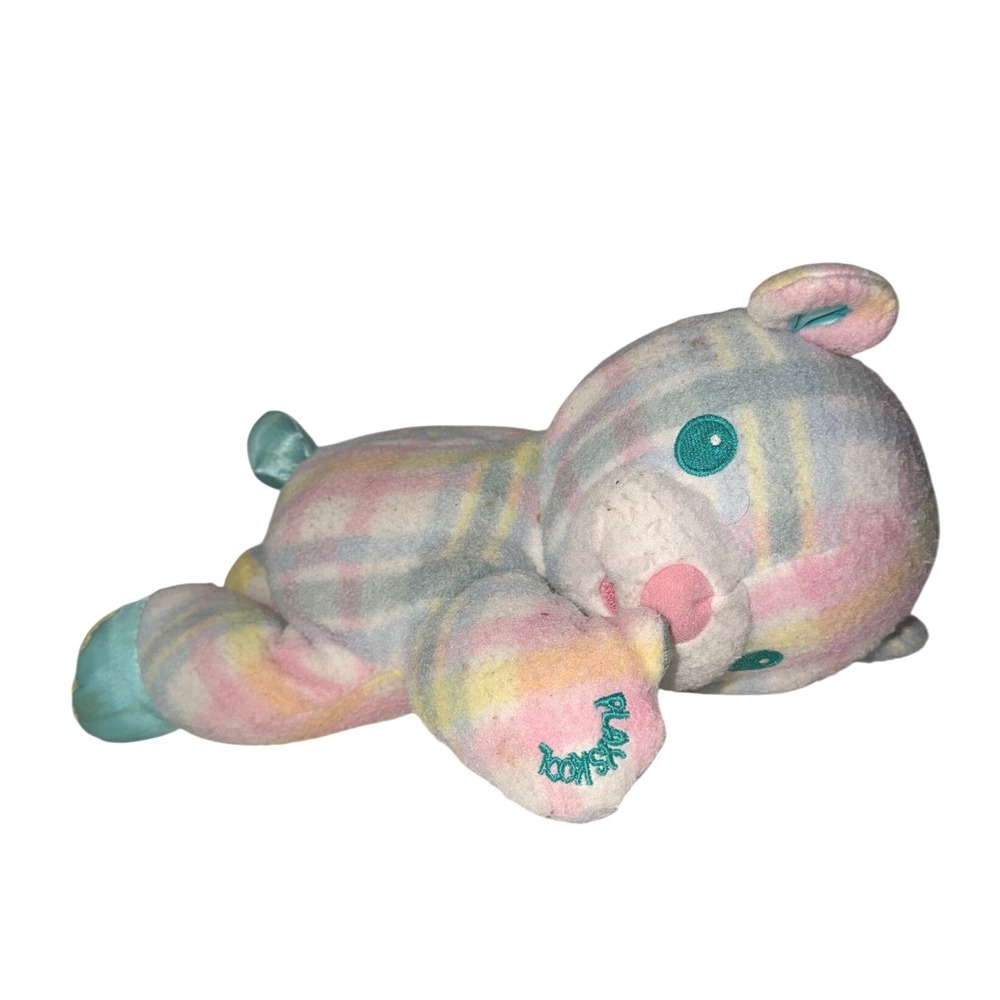 Vintage Playskool Pastel Plaid Plush Bear Satin Accents Pink Blue Yellow  10"